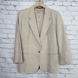 Vintage L.L. Bean Linen Blend Blazer Womens 14R Beige 1 Button Jacket USA MADE